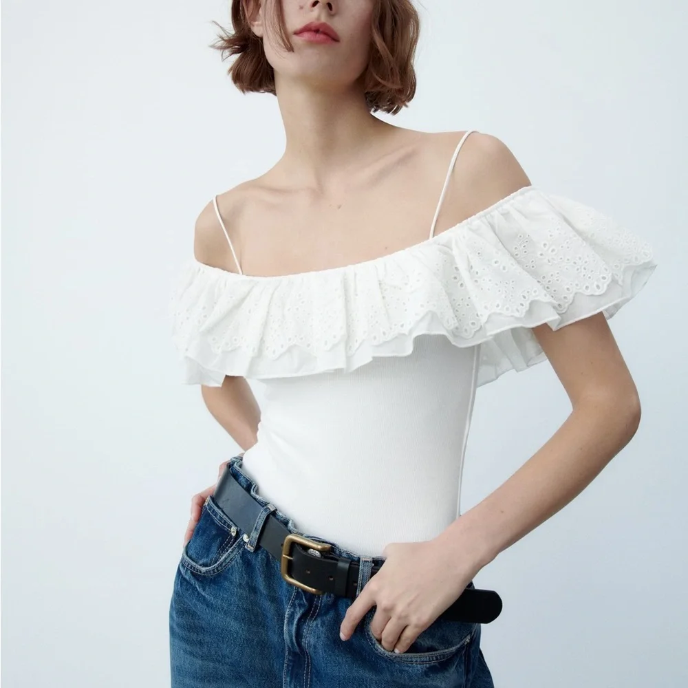 Zara matching bodysuit with embroidered ruffles white NWT - Picture 2 of 8